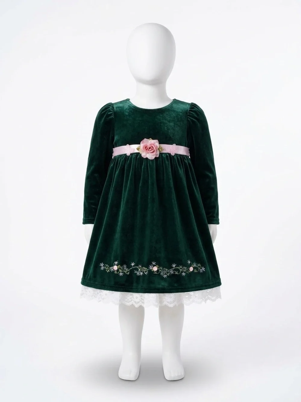 Classic Green Velvet Girls' Dress with Pink Rose Sash